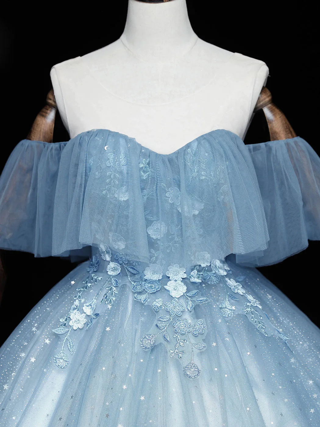 Blue sweetheart neck tulle lace long prom dress, blue evening dress