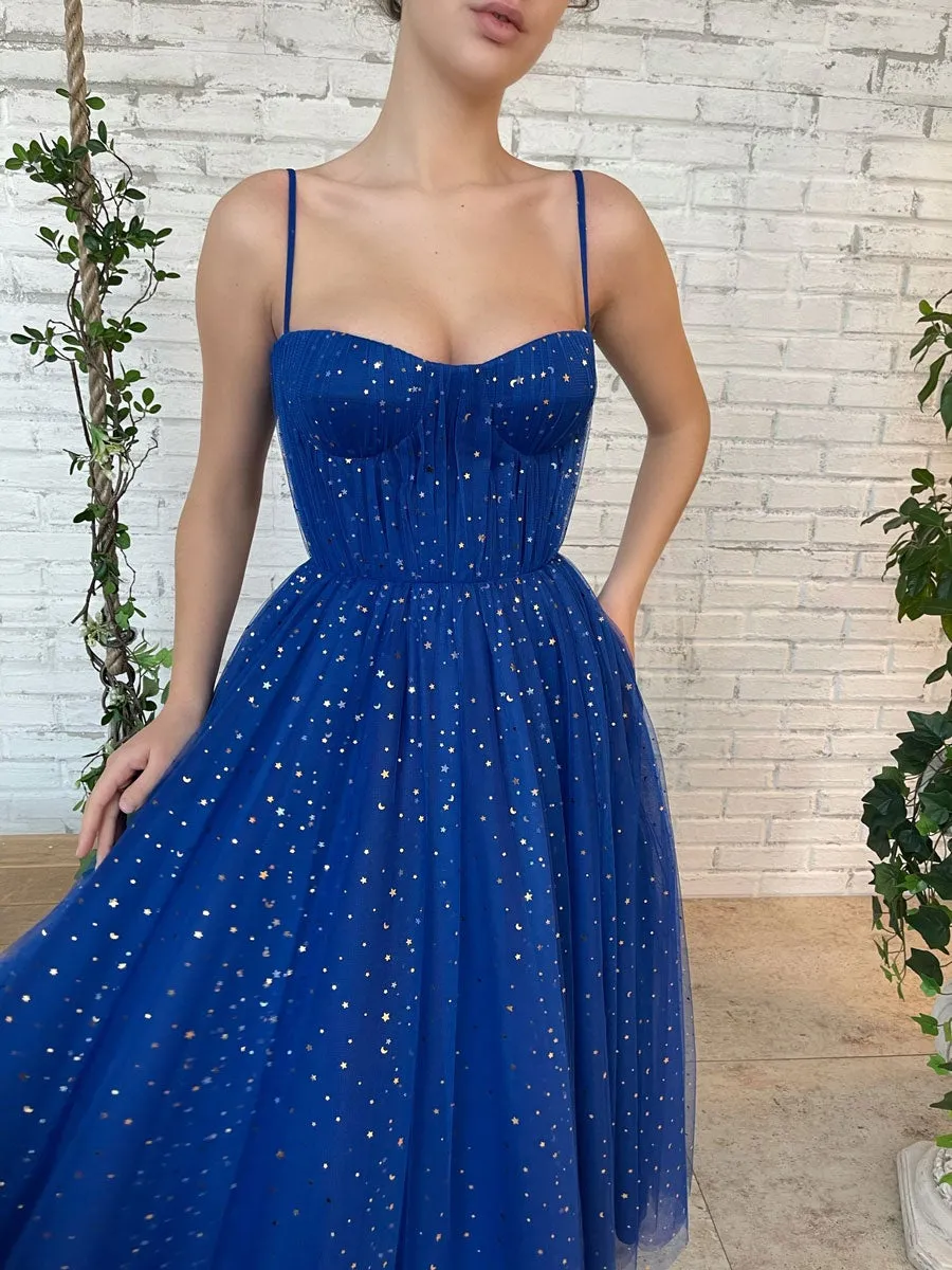 Blue tulle tea length prom dress, blue tulle bridesmaid dress