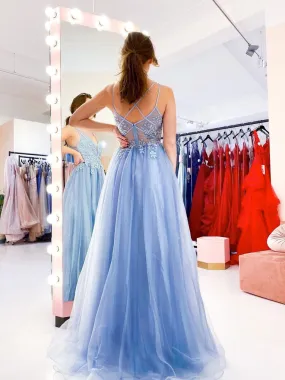 Blue v neck tulle lace long prom dress, blue tulle evening dress