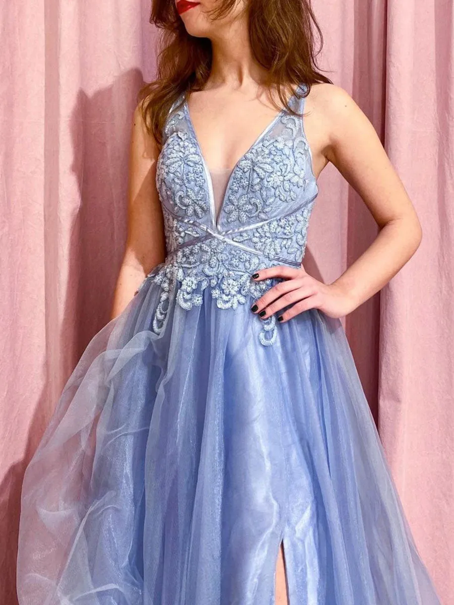 Blue v neck tulle lace long prom dress, blue tulle evening dress