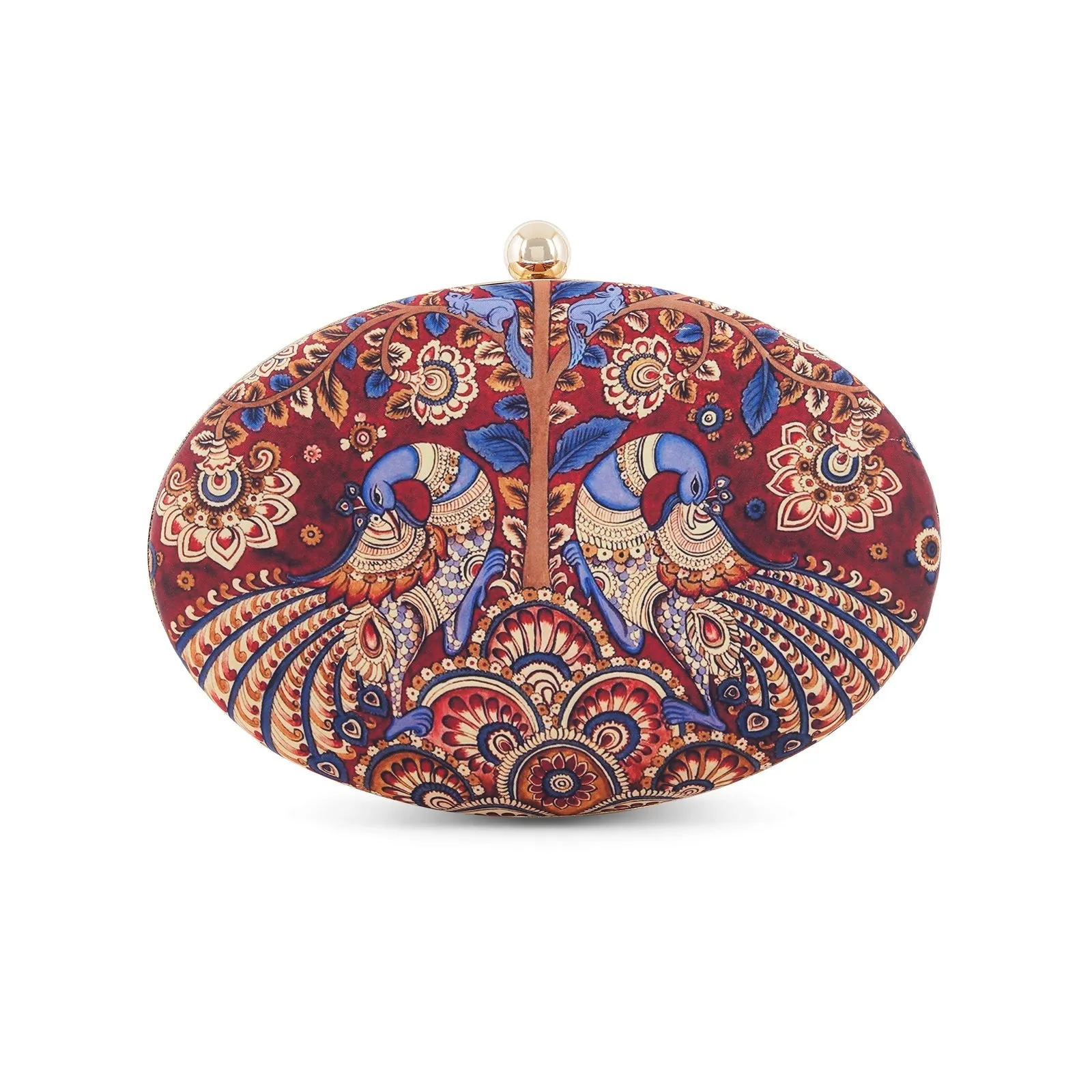 Crimson Carnival Maroon Blue and Gold Printed Clutch