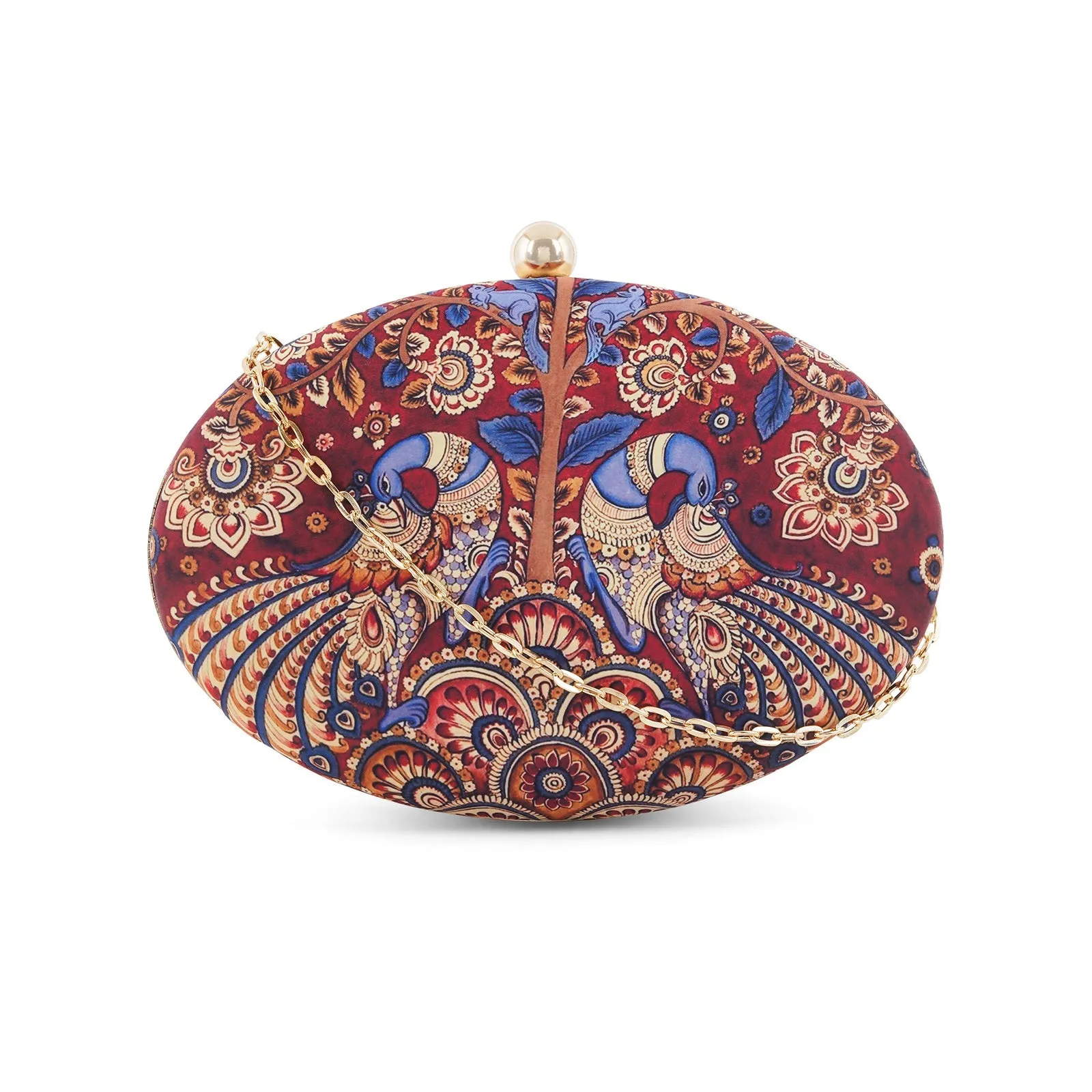 Crimson Carnival Maroon Blue and Gold Printed Clutch