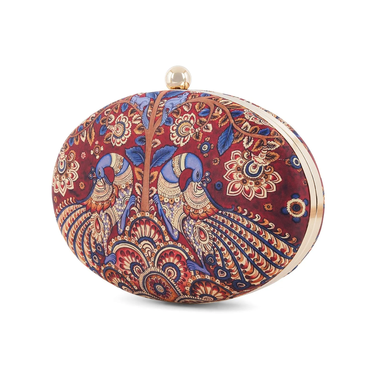 Crimson Carnival Maroon Blue and Gold Printed Clutch