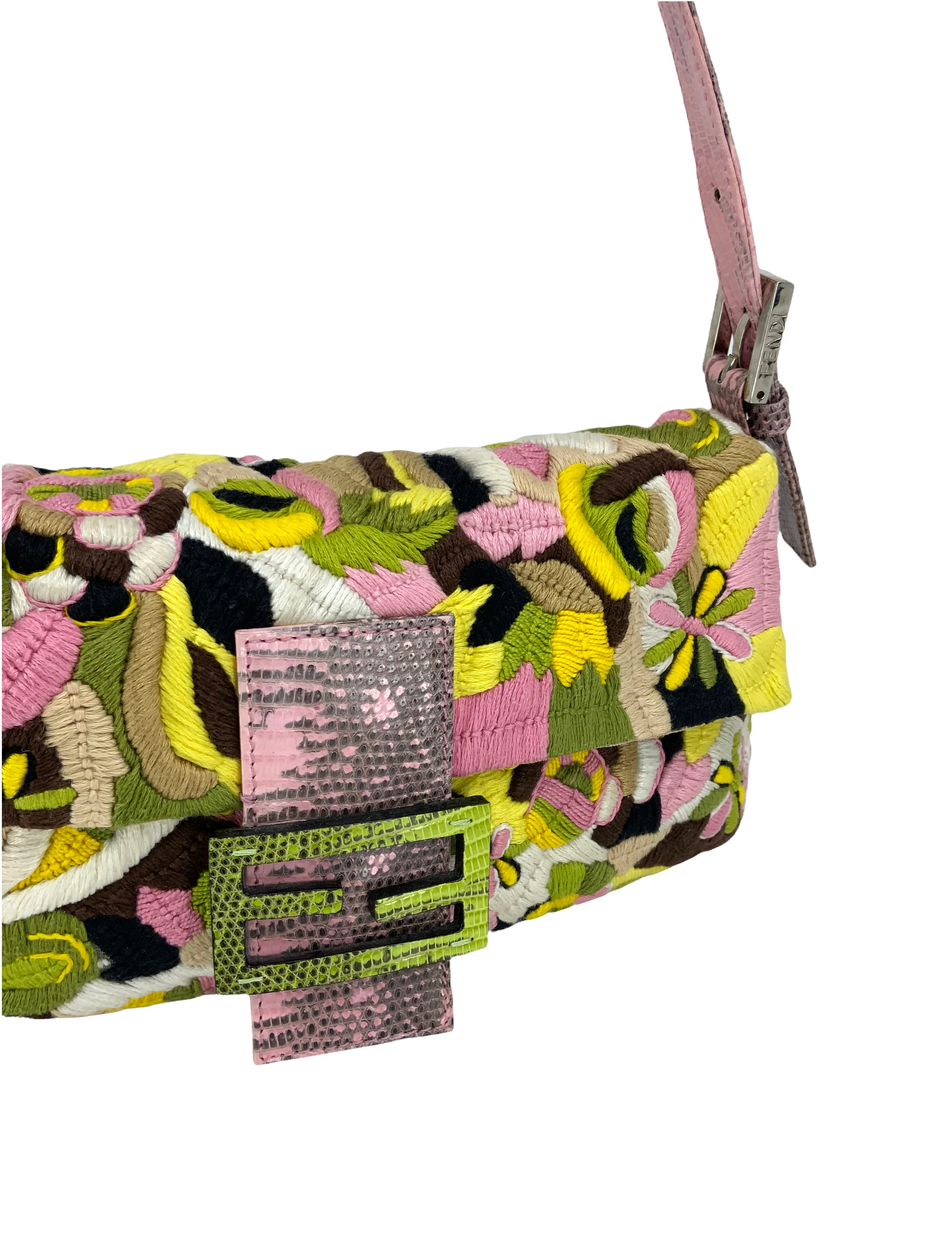 FENDI Lizard Embroidered Flower Baguette