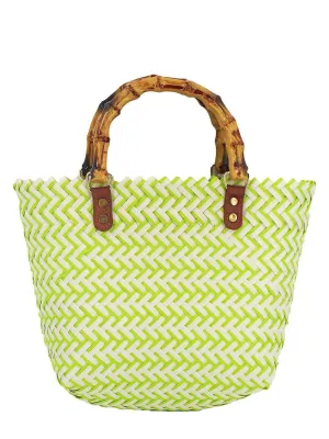 Green & White Straw Basket Bag with Bamboo Handle