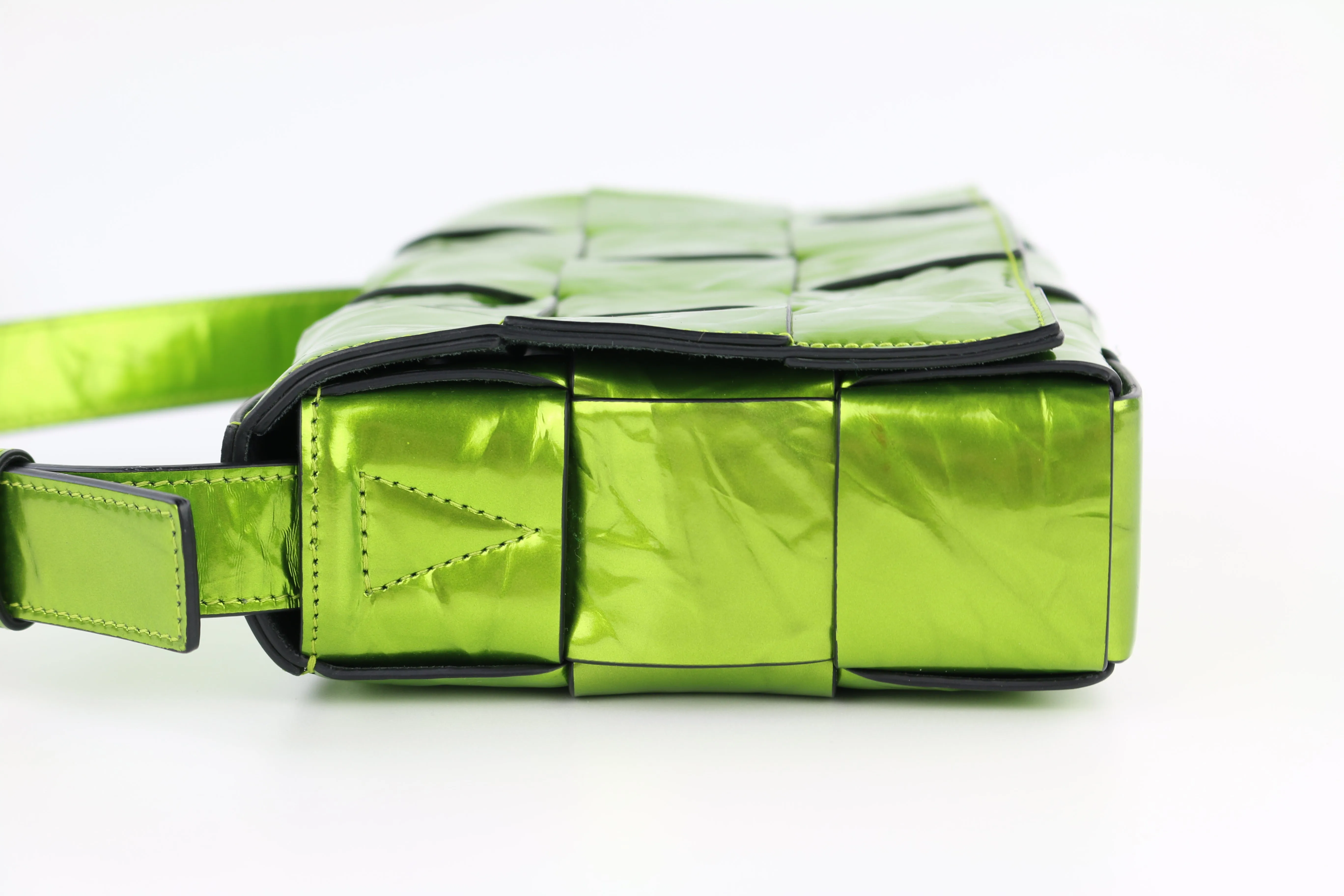 Green Crushed Metallic Intrecciato Cassette Bag