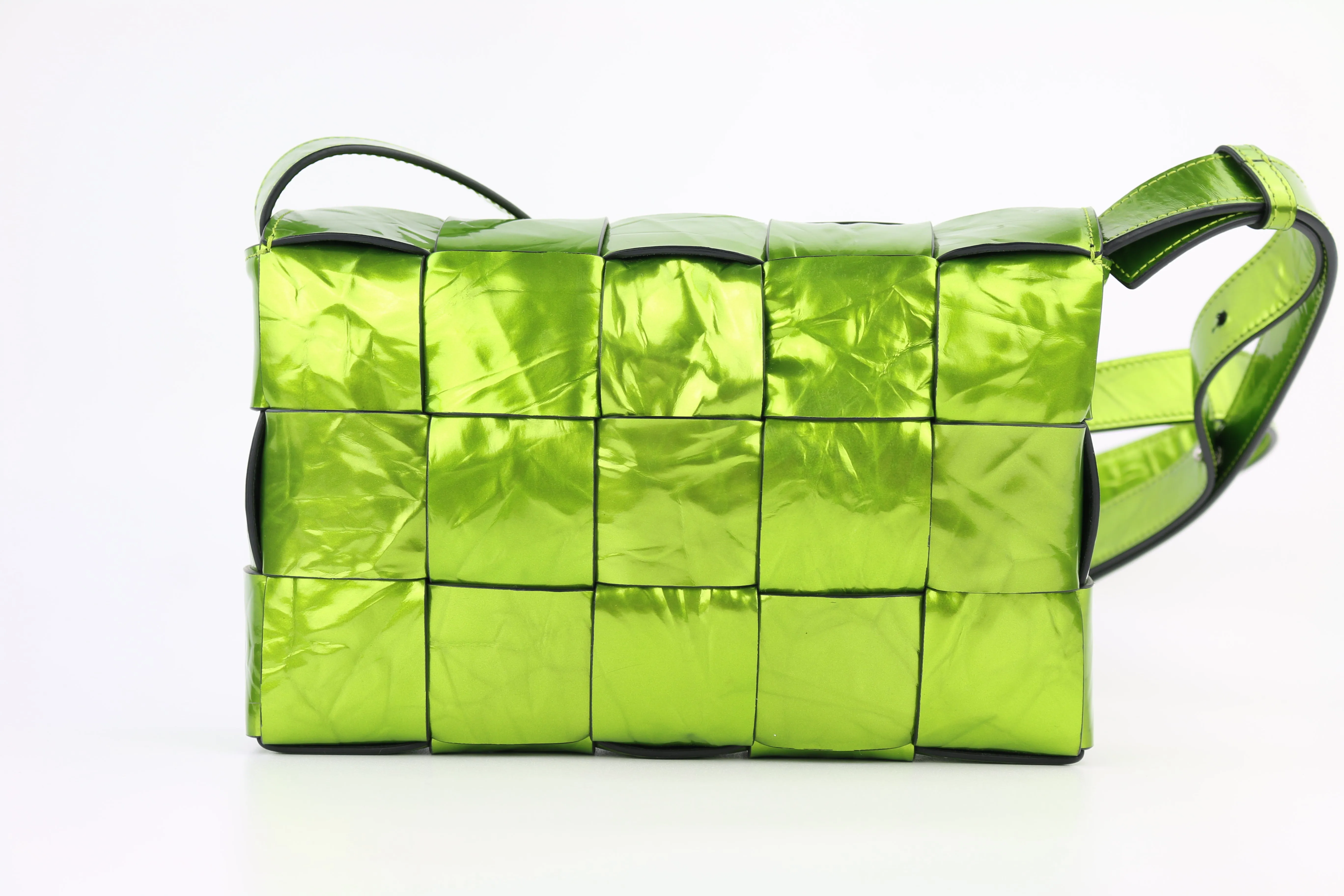 Green Crushed Metallic Intrecciato Cassette Bag