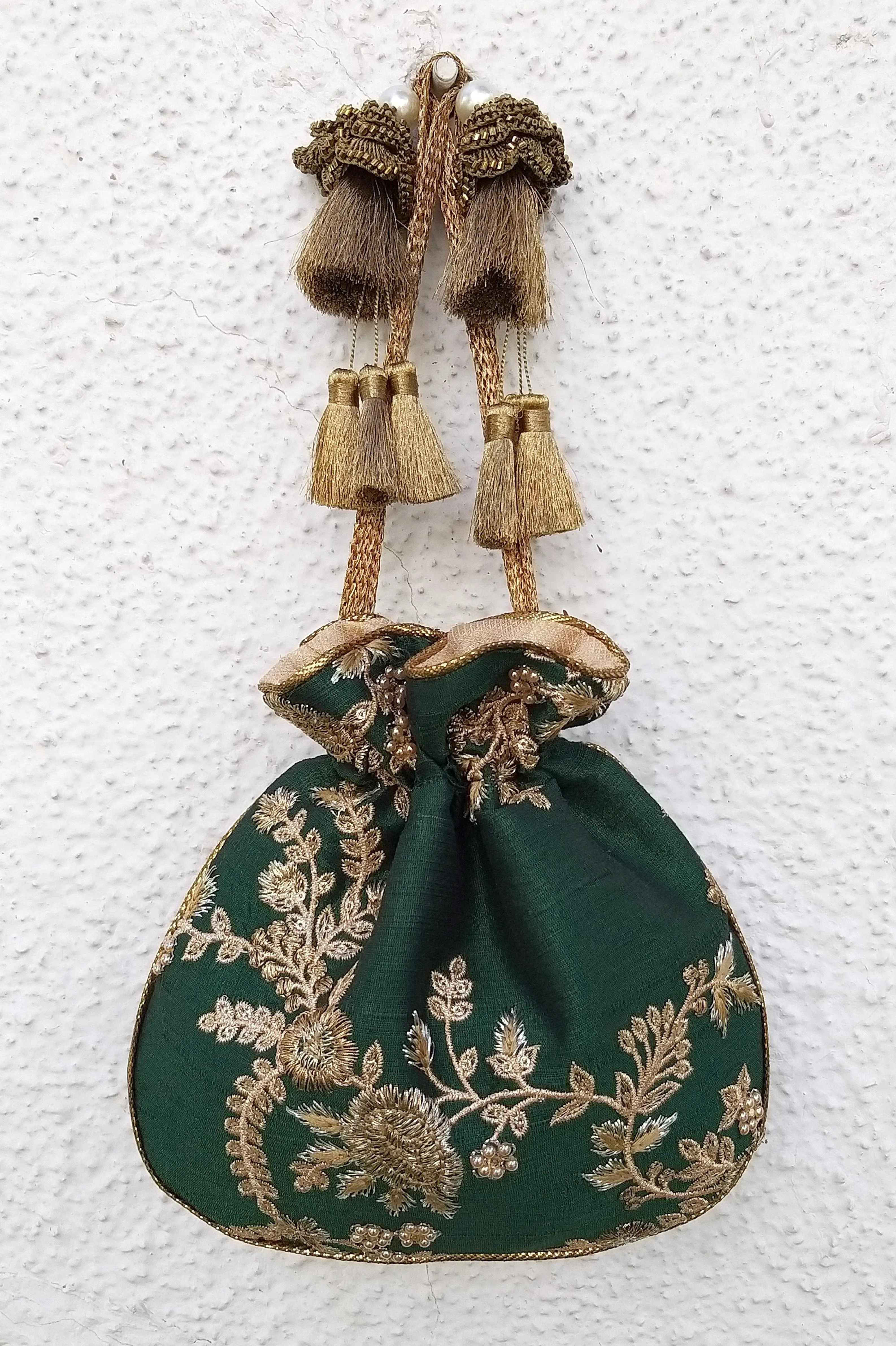 Green Embroidered Silk Potli bag