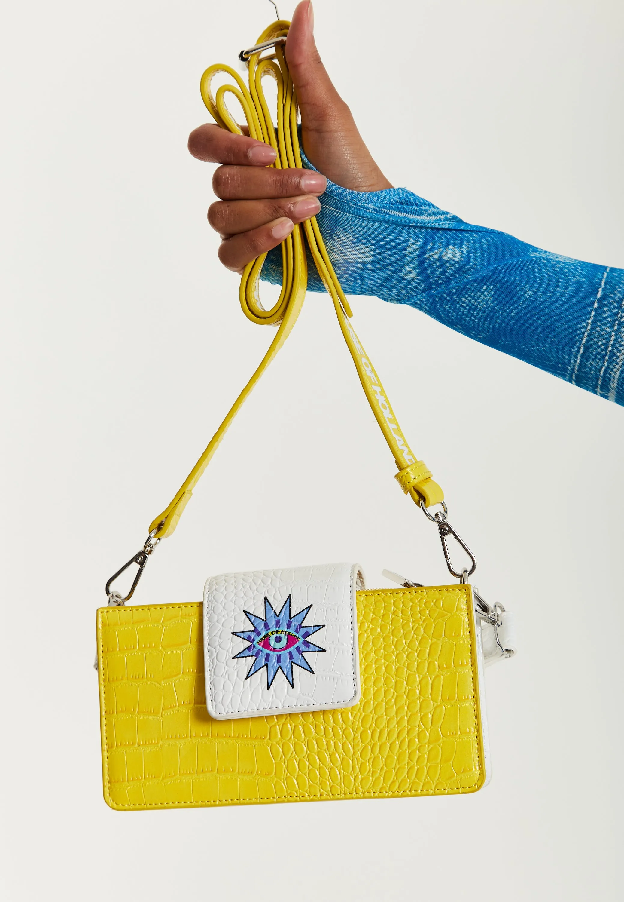 House Of Holland Small Crossbody Bag In Yellow And White With Printed Logo