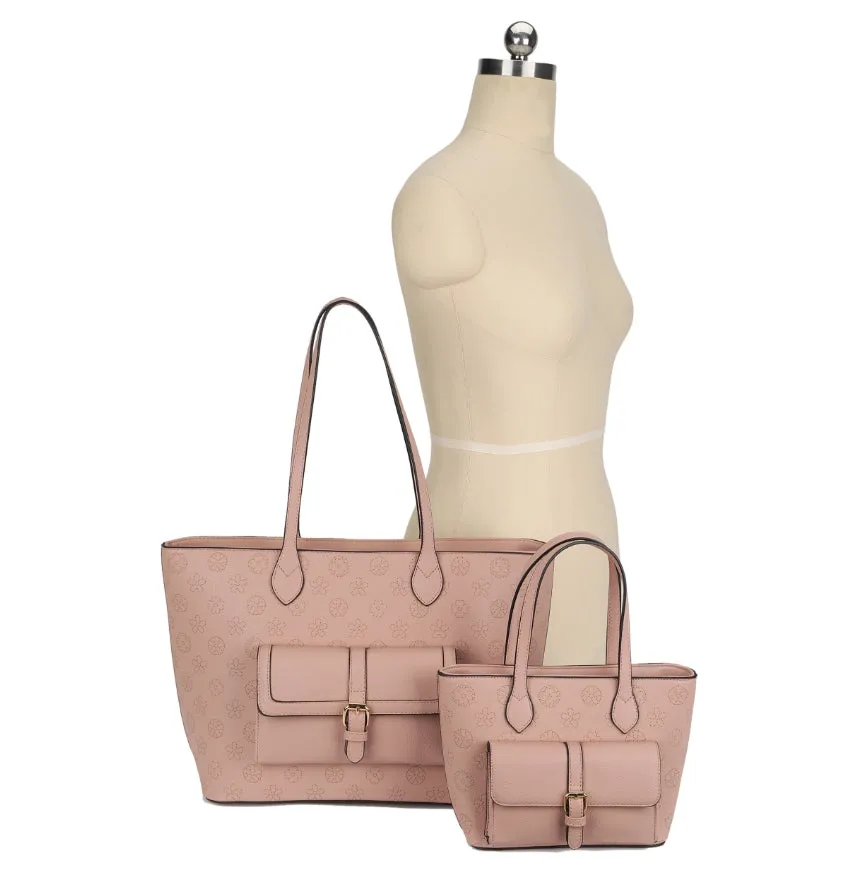 Monogram belted front pocket tote set - light mauve