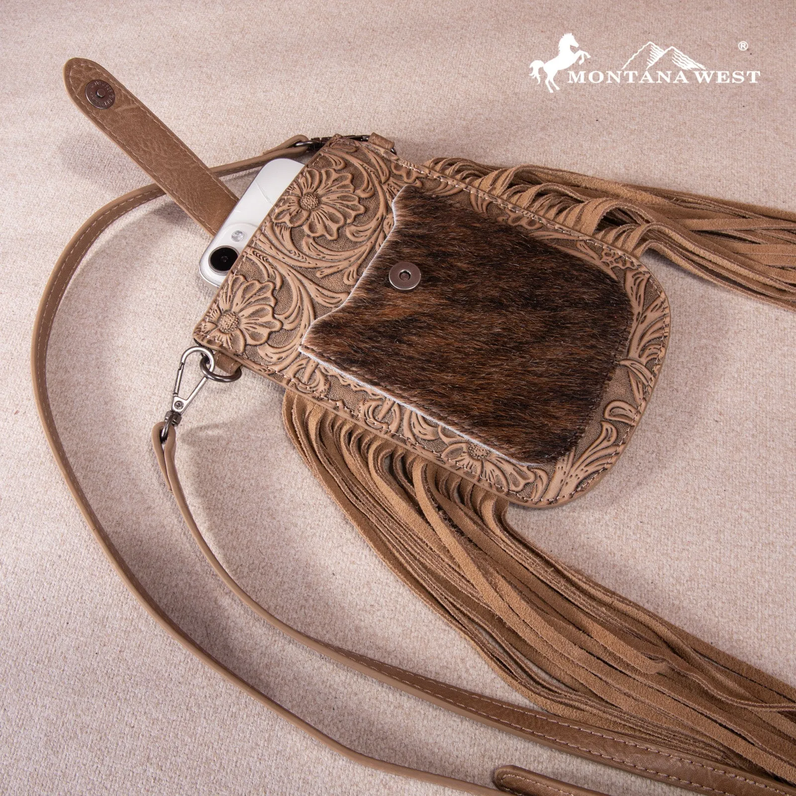 MW1263-200 Montana West Hair-On Cowhide Fringe Phone Wallet Crossbody