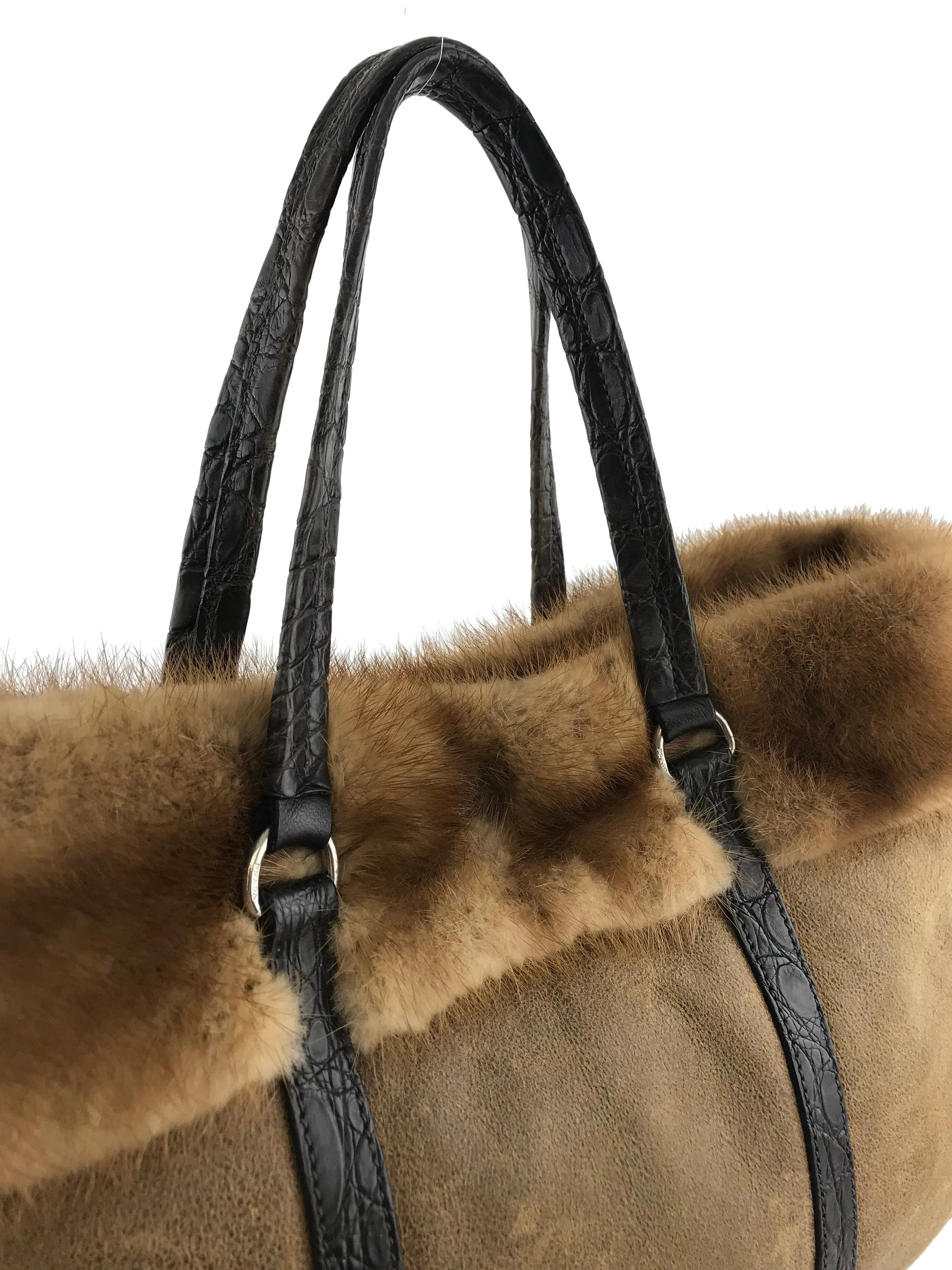 Prada Distressed Leather Mink Fur Shopping Tote Bag