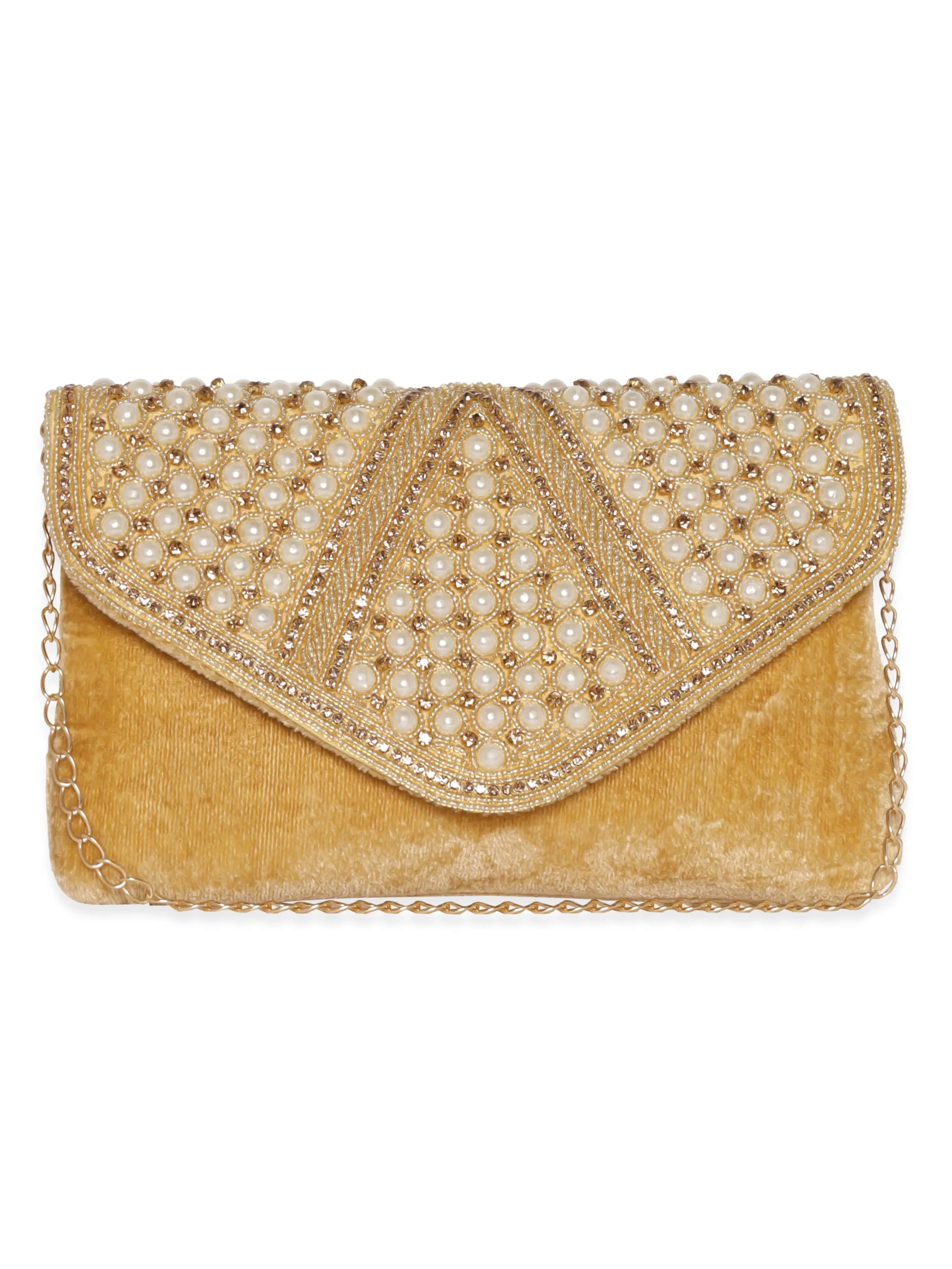 Rubans Beige Clutch with Stone and Pearl Embellishment