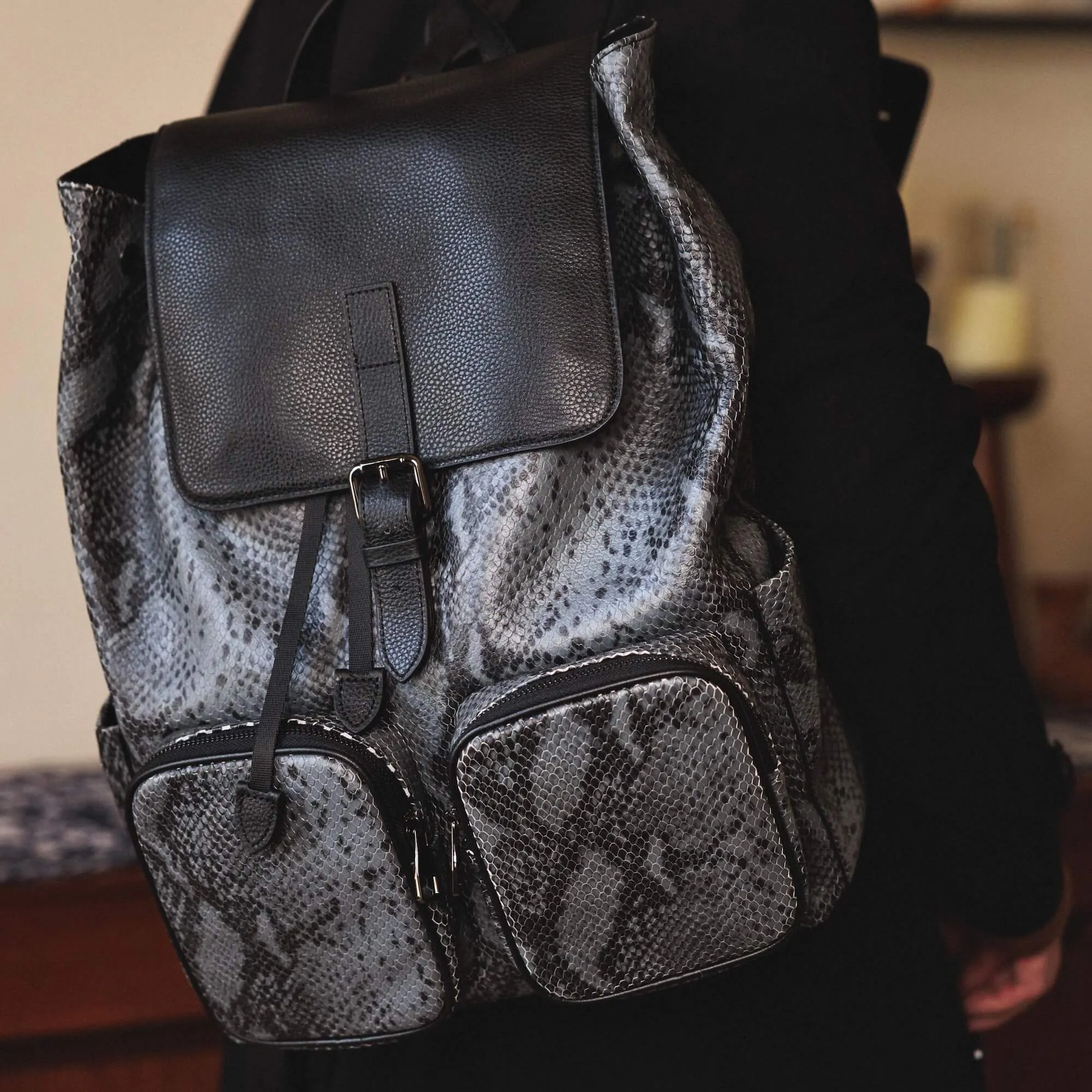 SOHO Black Snakeskin Leather Backpack