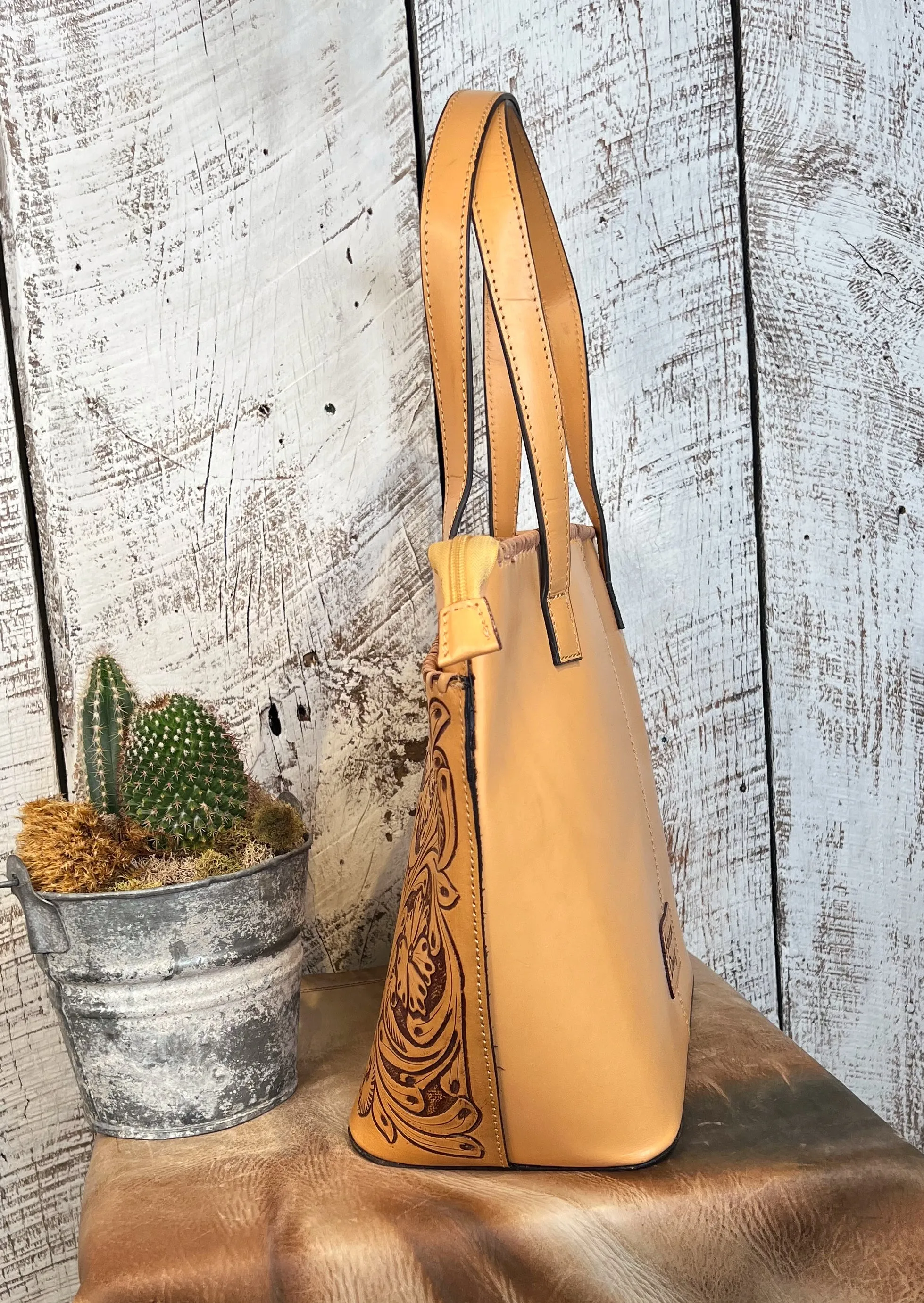 The Guthrie Tooled Leather Tote in Natural