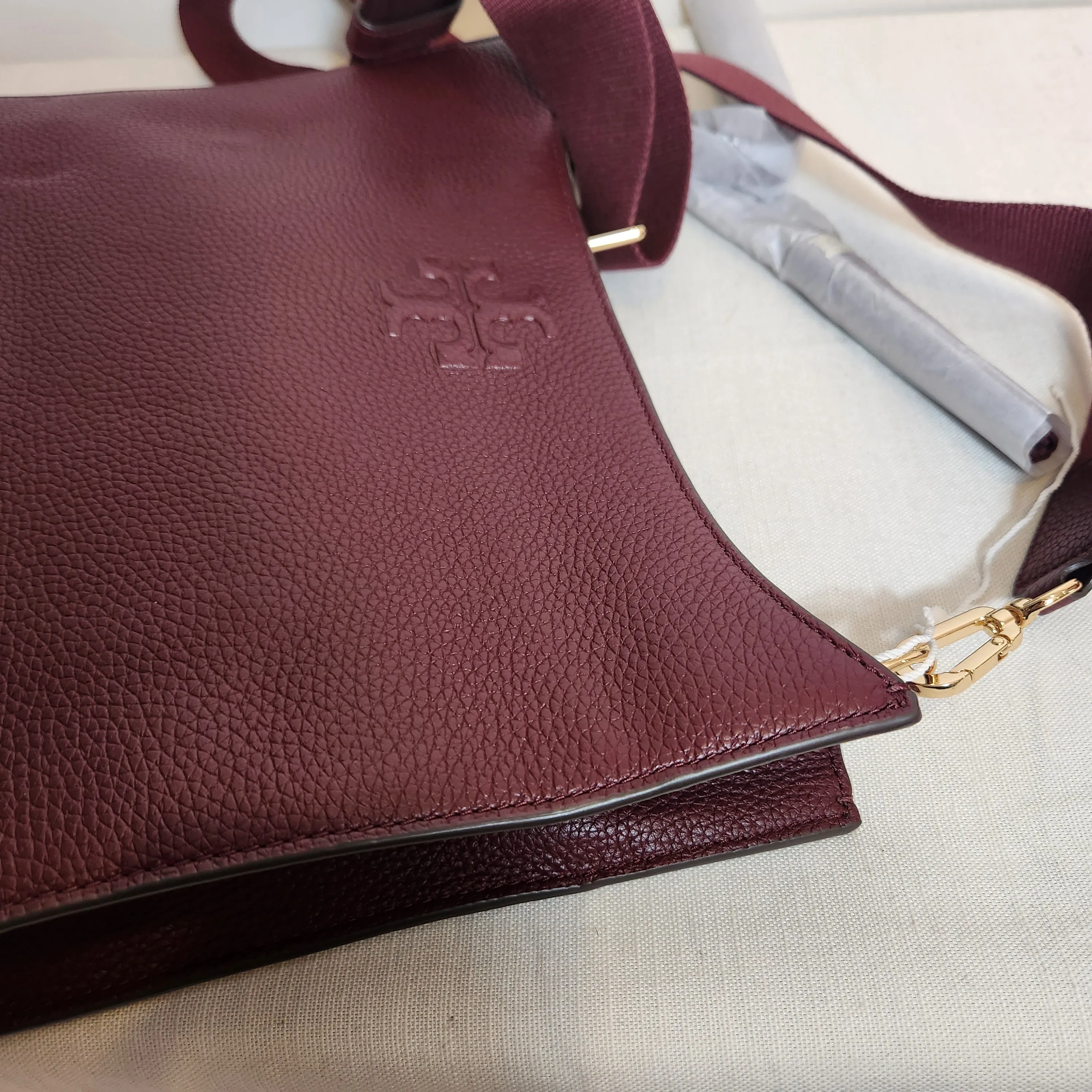 Tory Burch 'Thea Web' Deep Berry Pebbled Leather Shoulder Bag | Brand New |