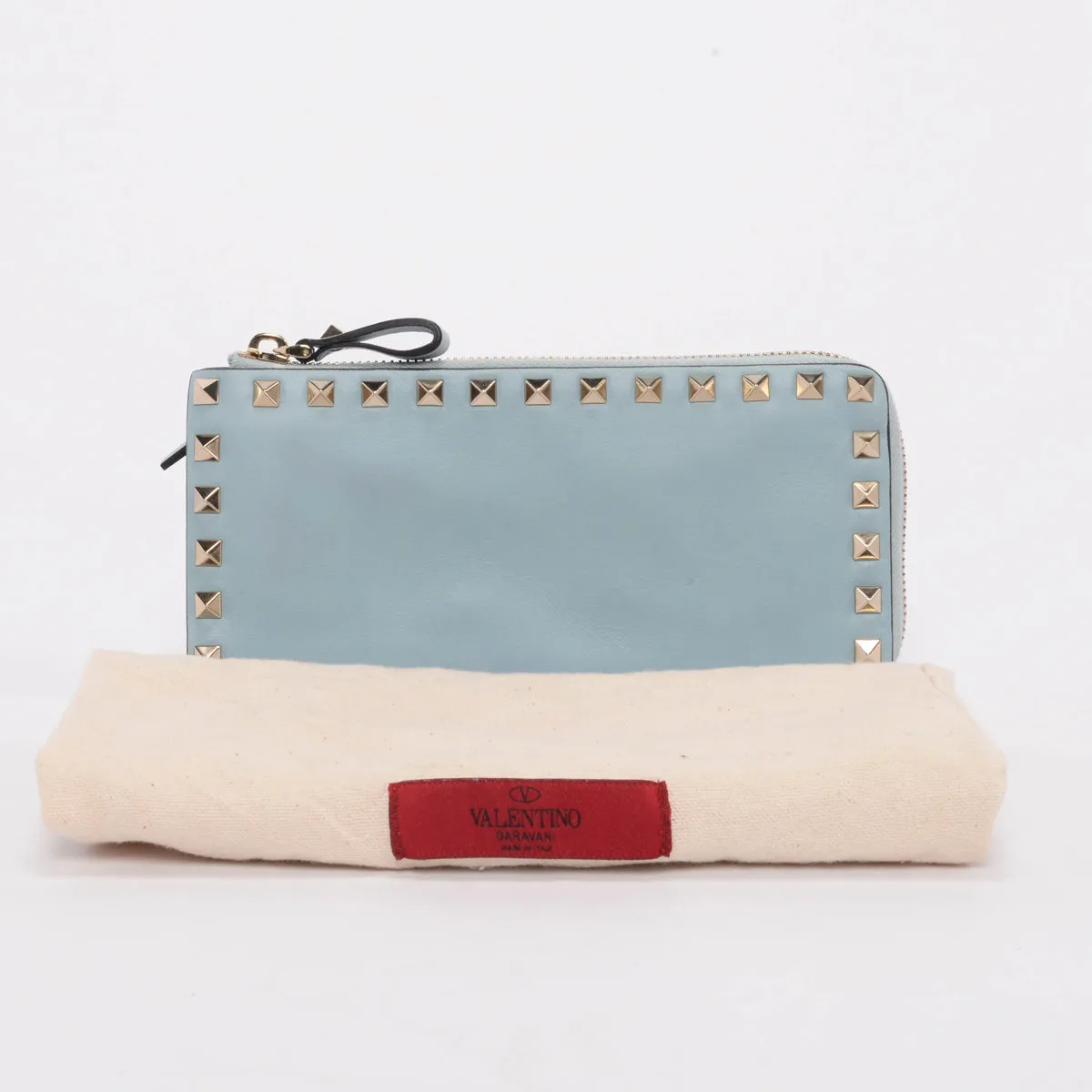 Valentino Pale Blue Smooth Calf Rockstud Zip Wallet