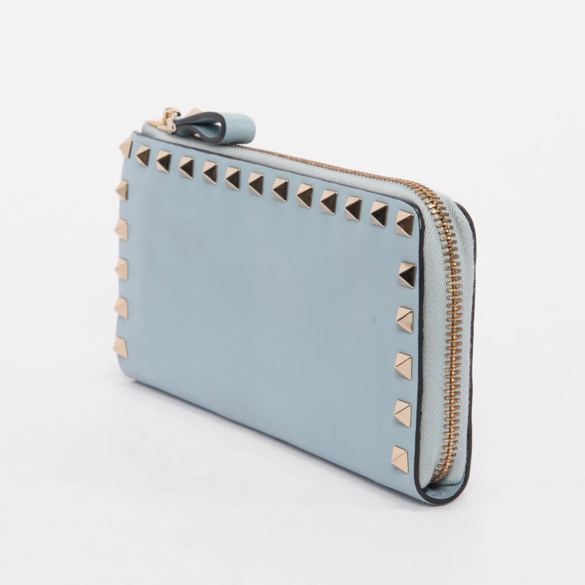 Valentino Pale Blue Smooth Calf Rockstud Zip Wallet