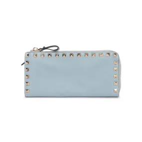 Valentino Pale Blue Smooth Calf Rockstud Zip Wallet