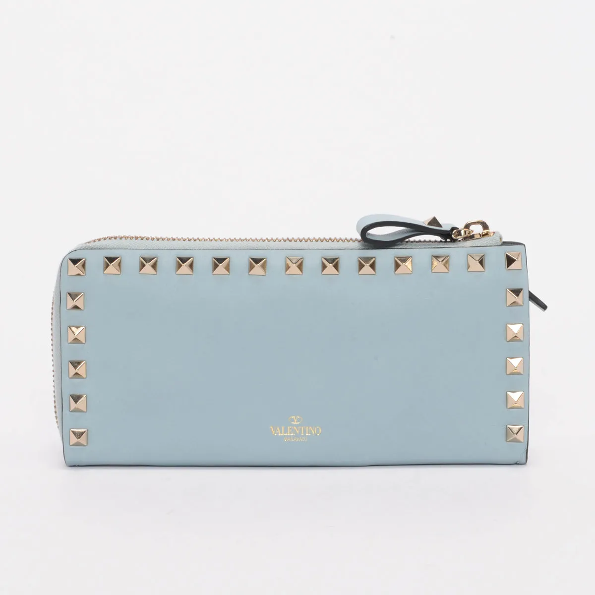 Valentino Pale Blue Smooth Calf Rockstud Zip Wallet