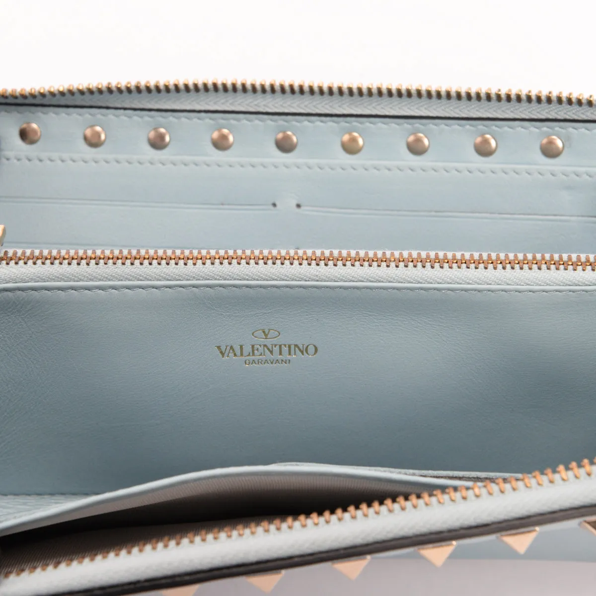 Valentino Pale Blue Smooth Calf Rockstud Zip Wallet