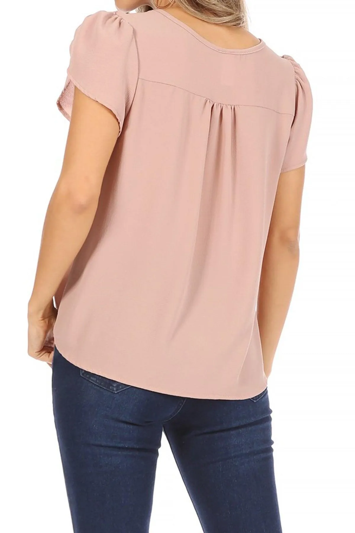 Women's Casual Solid Petal Sleeve Ribbon Tie Round Neck Key Hole Tee Blouse Top