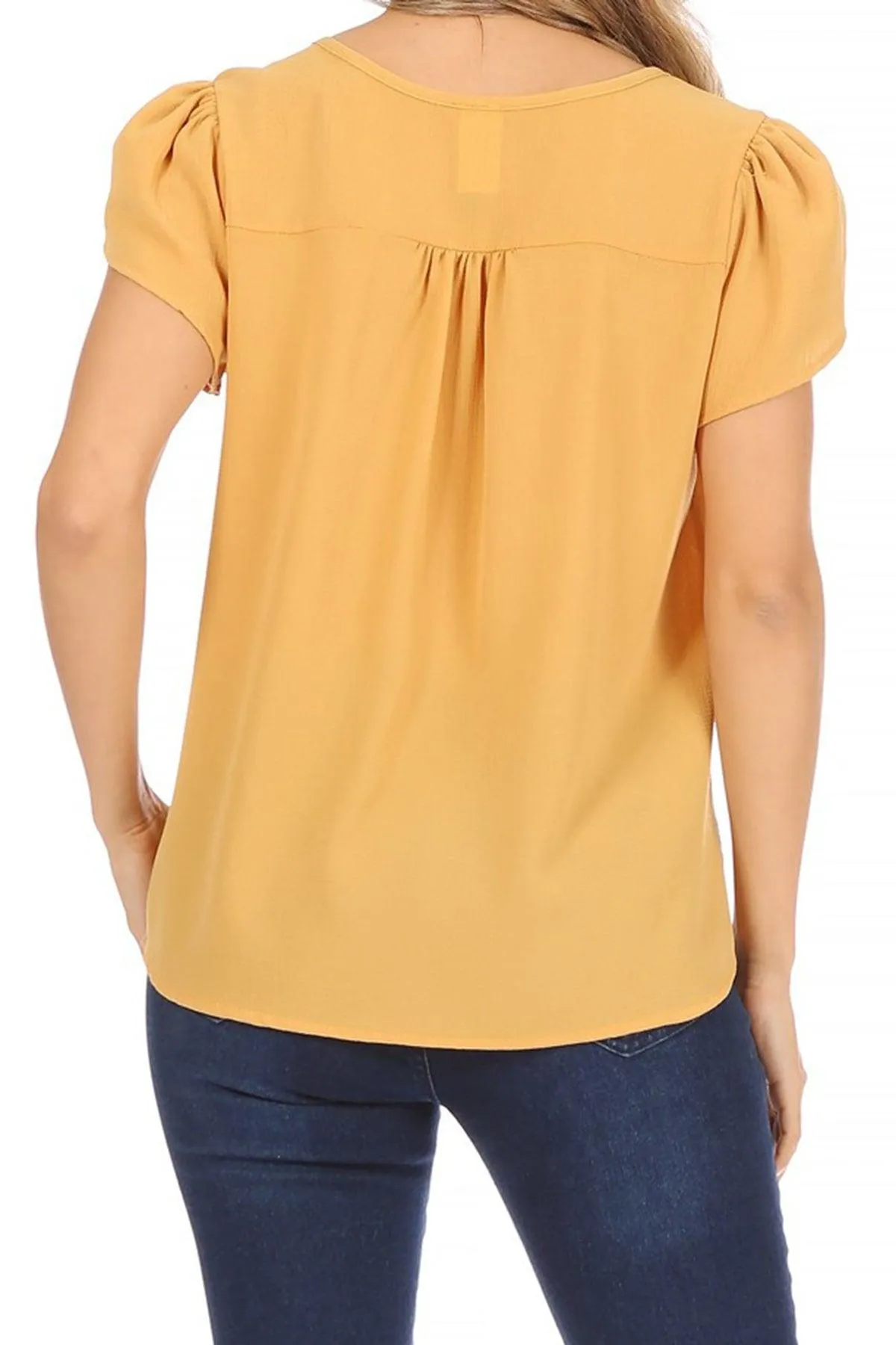 Women's Casual Solid Petal Sleeve Ribbon Tie Round Neck Key Hole Tee Blouse Top