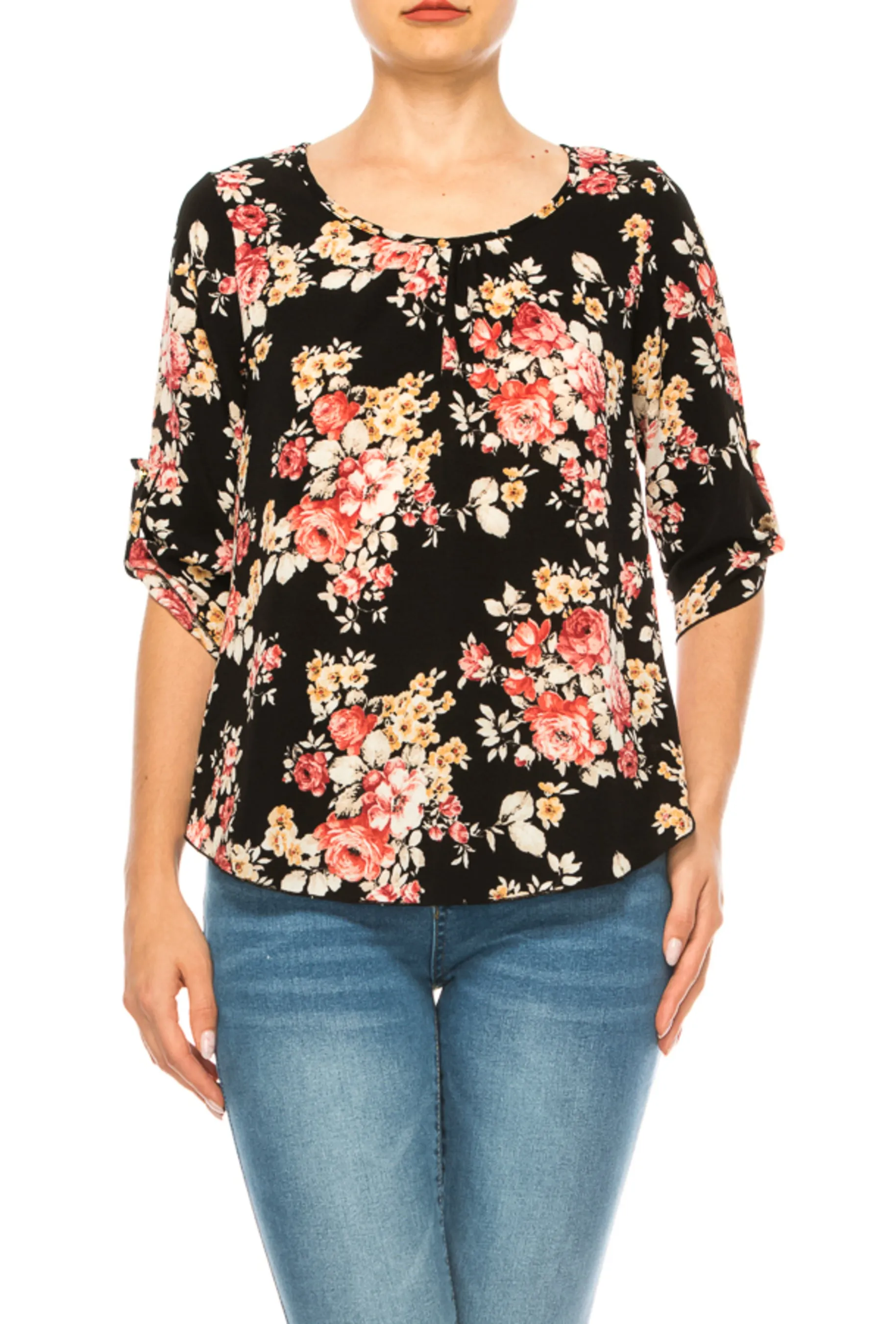 Women's Floral Print Round Neck Roll Tab Sleeve Blouse Top