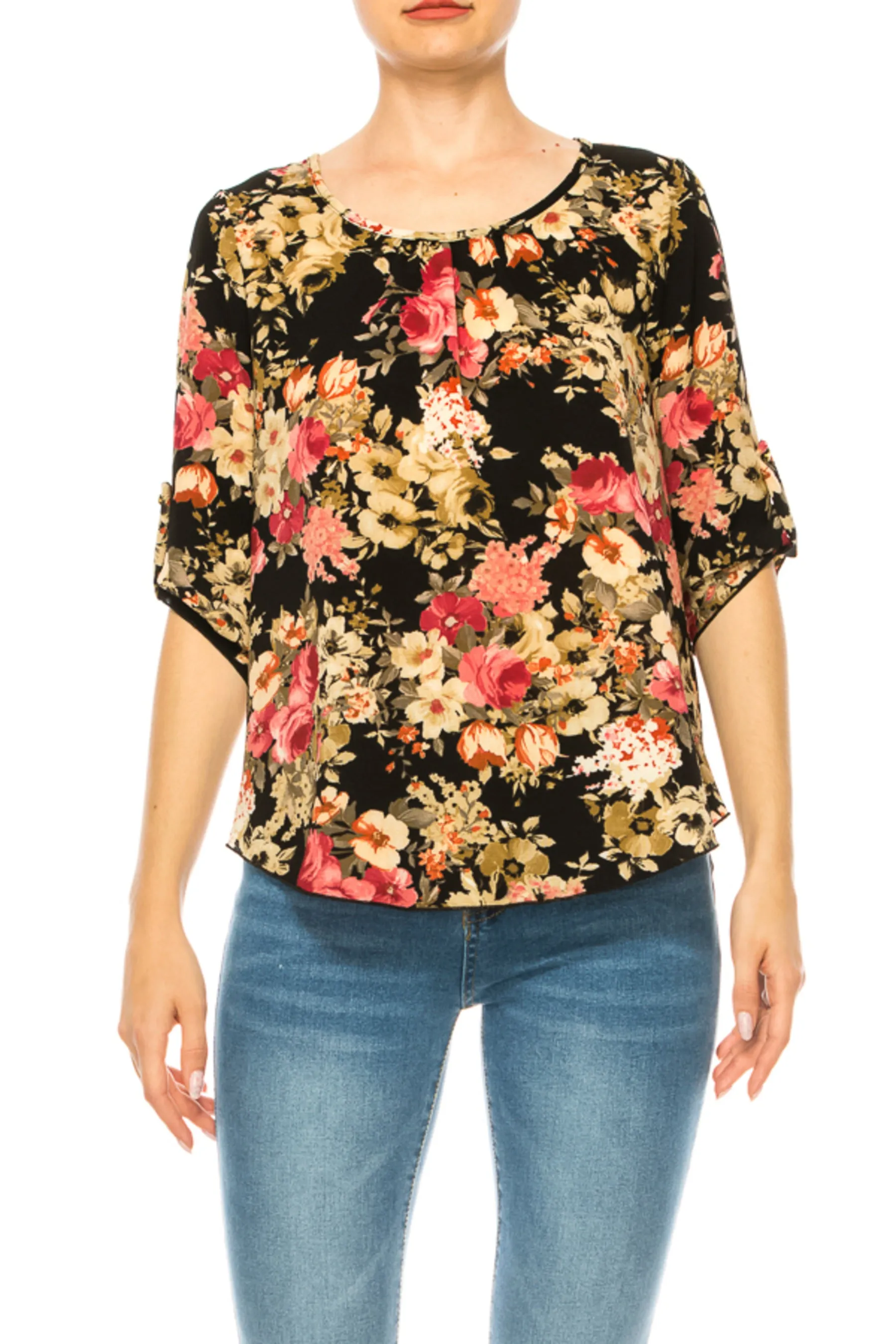 Women's Floral Print Round Neck Roll Tab Sleeve Blouse Top