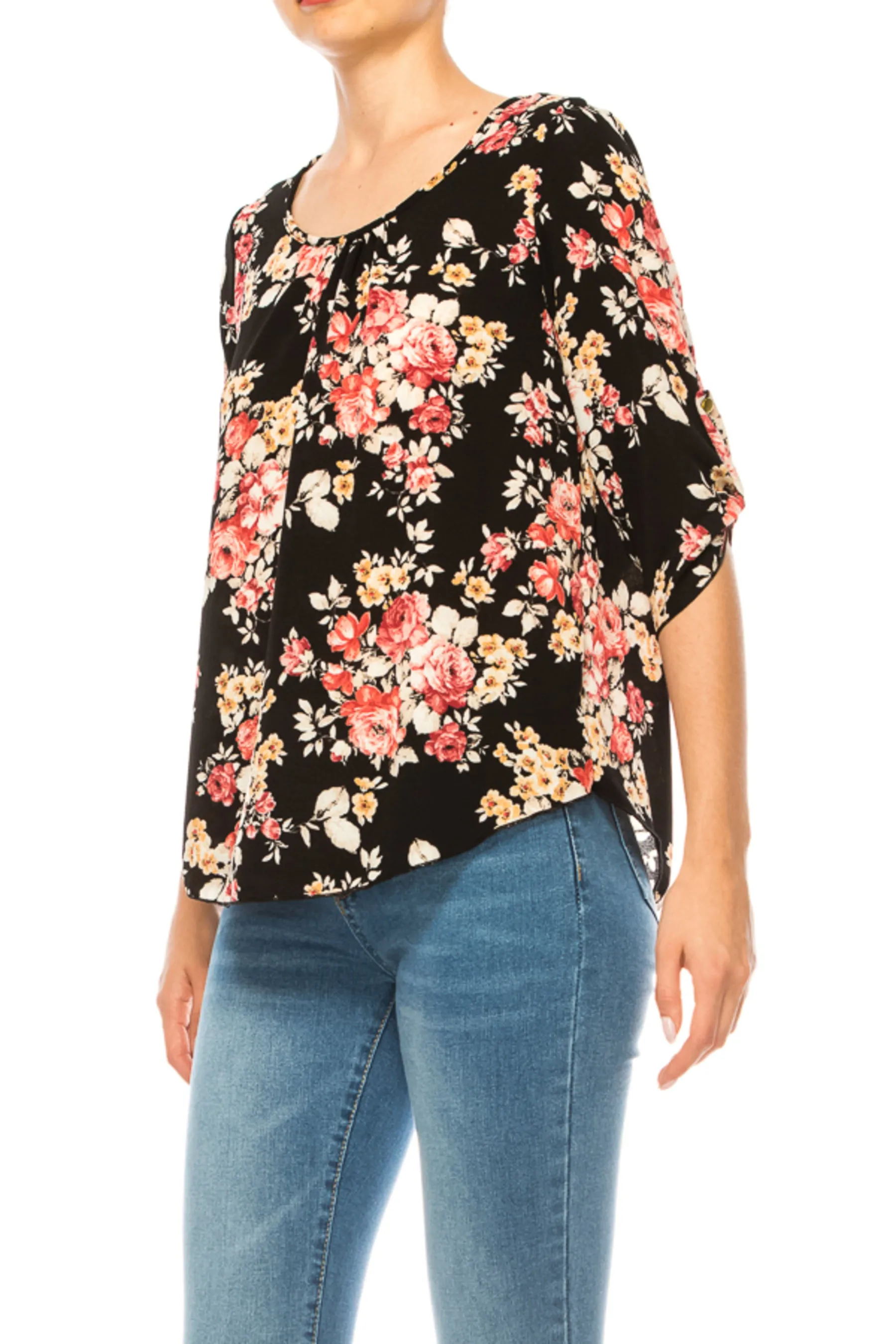 Women's Floral Print Round Neck Roll Tab Sleeve Blouse Top